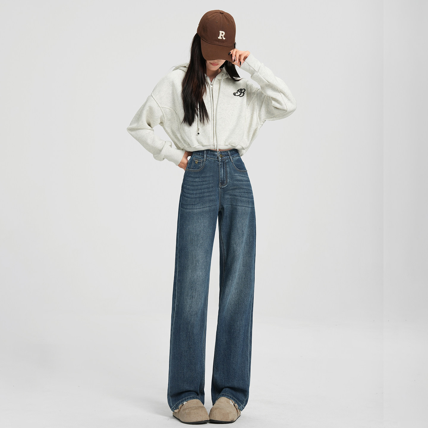 若纤秋冬新款深蓝色直筒牛仔裤