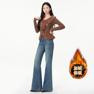 若纤 Pretty Silhouette蓝花栖梦加绒微喇牛仔裤女辣妹磨白喇叭裤