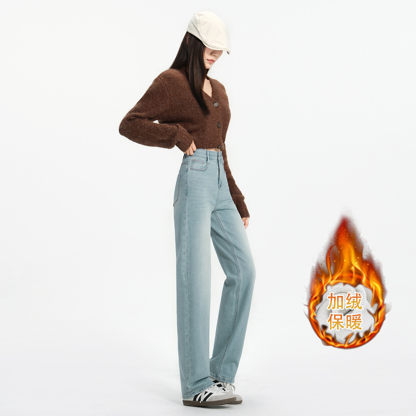 若纤秋季新款高腰显瘦直筒牛仔裤