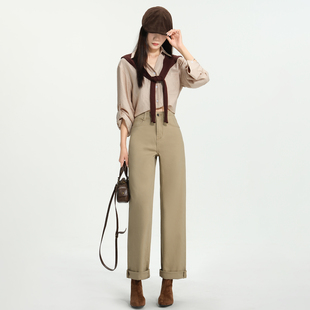 若纤 Pretty Silhouette2025秋季新款咖色牛仔裤女高腰韩版直筒裤