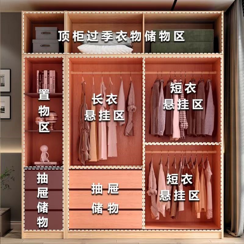 北欧推拉门衣柜卧室家用小户型柜子原木色现代简约轻奢组装大衣橱