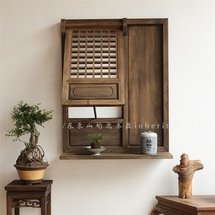 中式上翻窗仿古做旧置物板支摘窗古风复古花窗挂件装饰东阳木雕