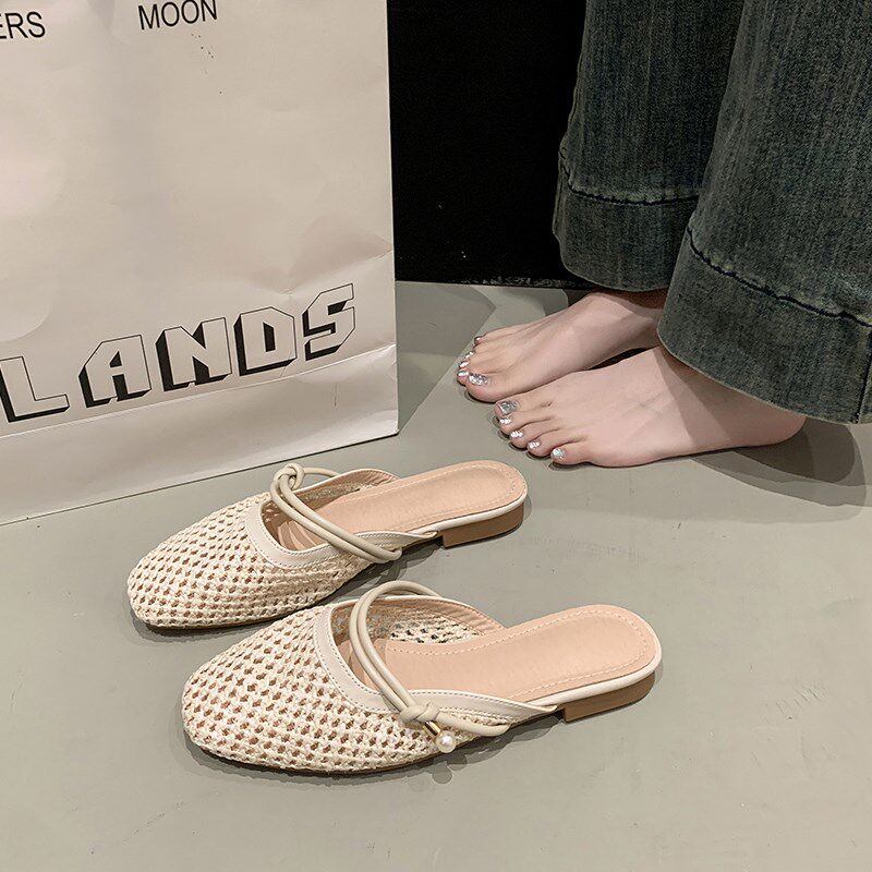 高级感平底包头半拖鞋女夏外穿20C25新款法式绝美镂空编织懒人凉