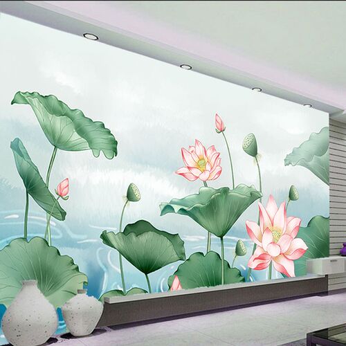 水波纹莲花墙纸养生美容酒店餐厅佛堂背I景墙清新淡雅荷叶装饰壁
