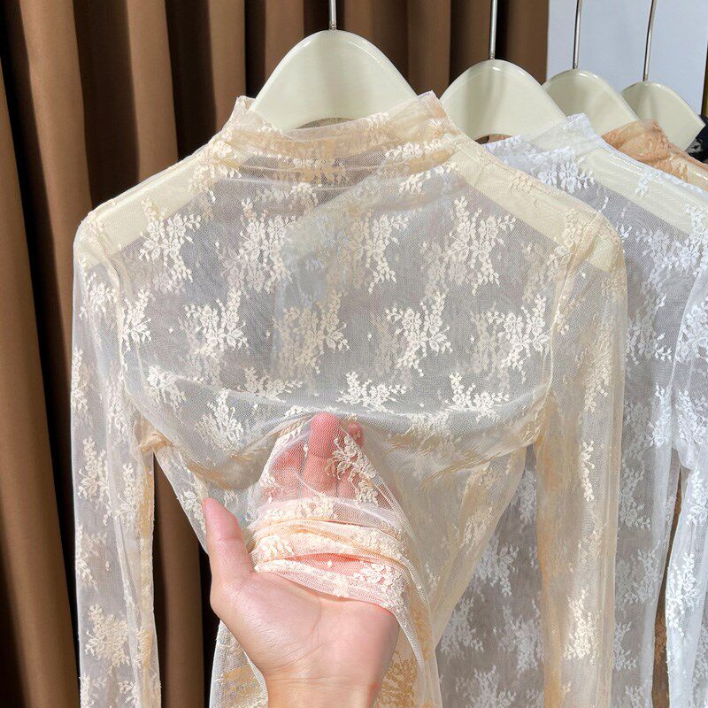 半高领薄款蕾丝打底衫女2024年新款春秋毛衣叠穿内搭Y洋气网纱小