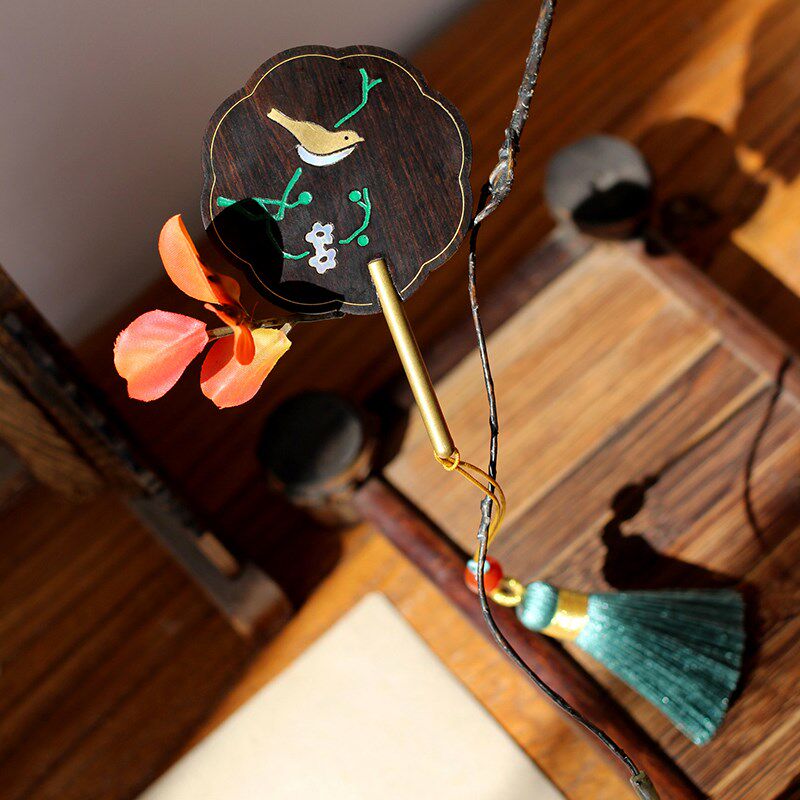 轻罗小扇扑流萤 螺钿镶嵌古w风木质团扇黑檀木书签礼物 定制刻字