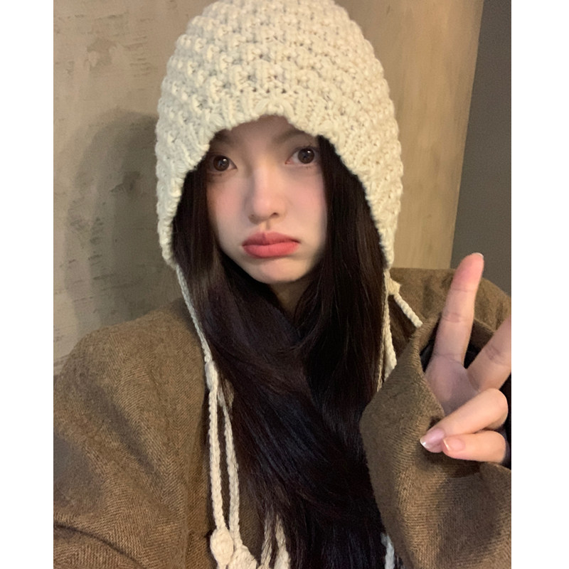 黑色针织帽子女秋冬新款显脸小保暖护耳毛线帽甜美百搭包头帽学生