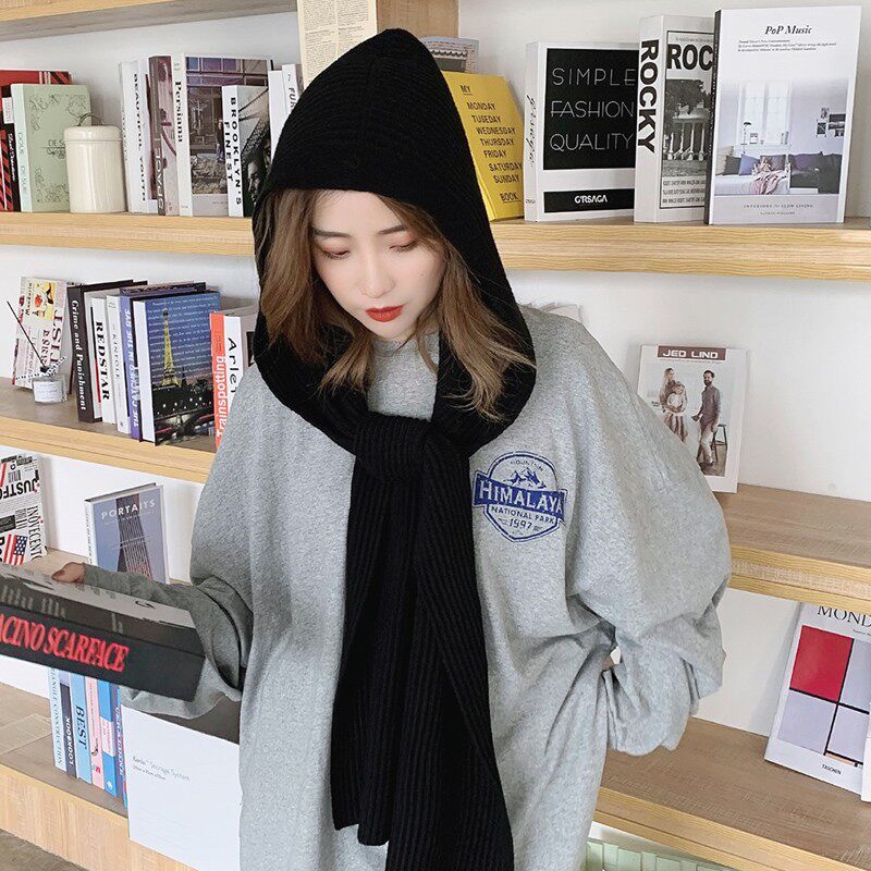 黑灰色带帽子围巾一体女秋冬毛线空调房搭肩两用针织披肩连帽围脖