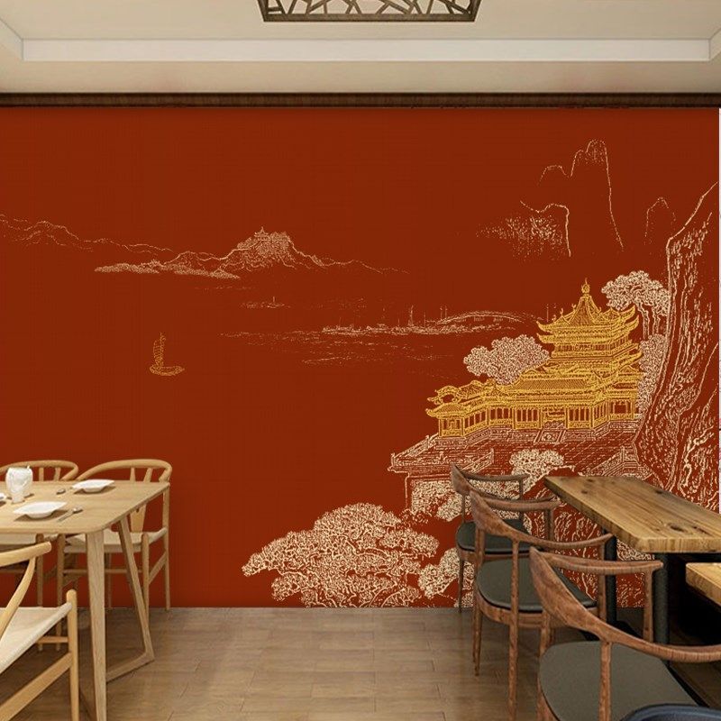 中式墙纸红色复古中n国风包间背景墙壁画大气立体线描宫廷宫殿壁