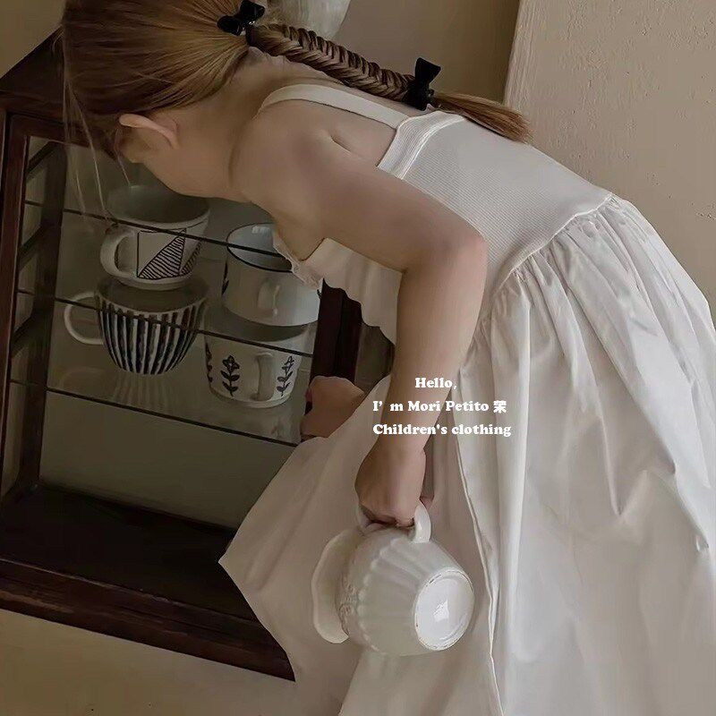 气质女童白色连衣裙宝宝挂脖玫瑰吊带公主裙美背针织棉布裙夏季