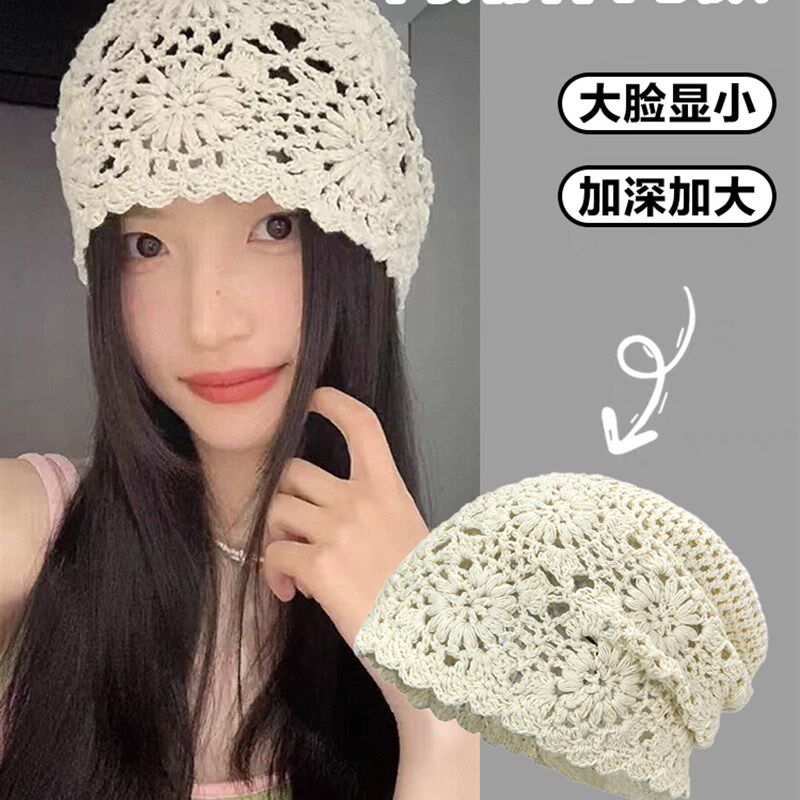 2024新款大头围手工钩花毛线帽子女镂空针织包头帽夏季薄款堆堆帽