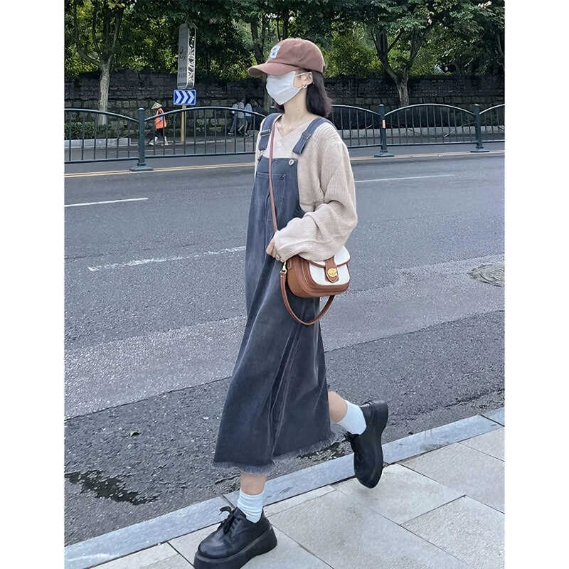 港味复古背带裙连衣裙女夏季新款设计感开叉初高中生牛仔长裙套装