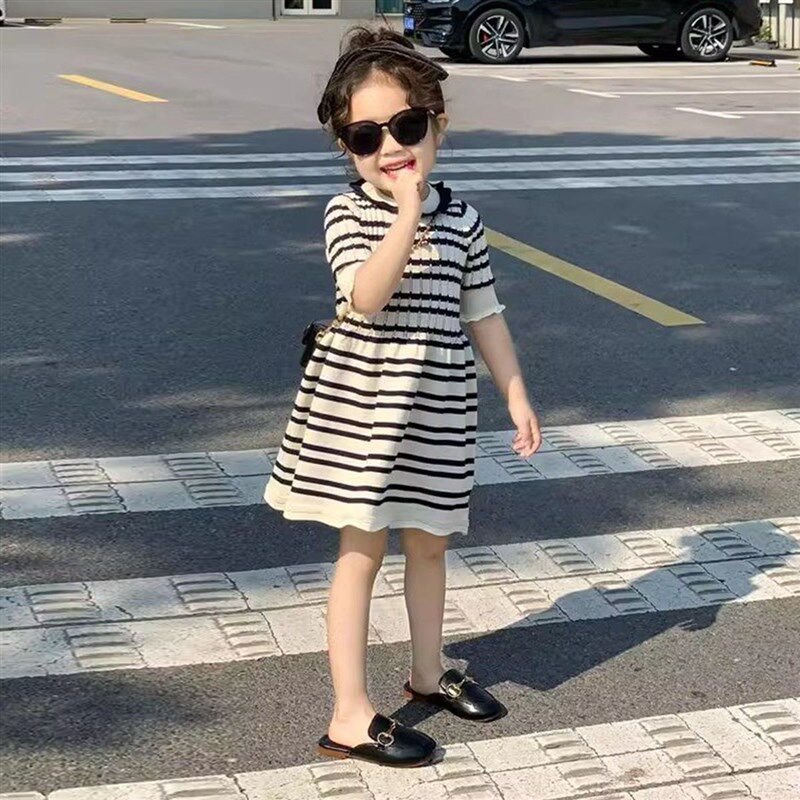 韩版女童2025夏季新款黑白条纹针织洋装儿童A字裙女宝宝背心裙