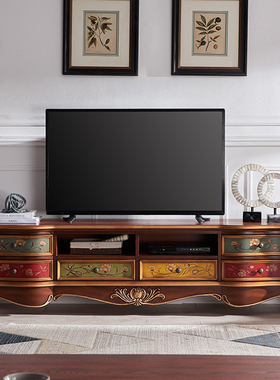 美式实木茶几电视柜组合客厅家z用小户型彩绘蓝色复古做旧地柜家