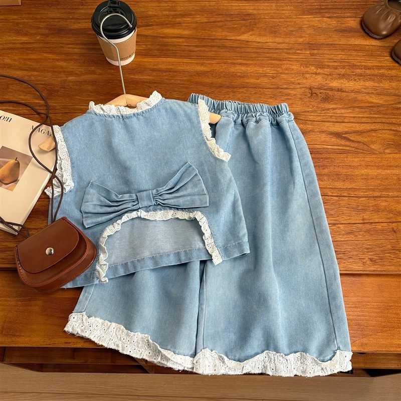 女童花边套装洋气宽松夏季薄款宝宝牛仔阔腿裤时髦2025新款两件套