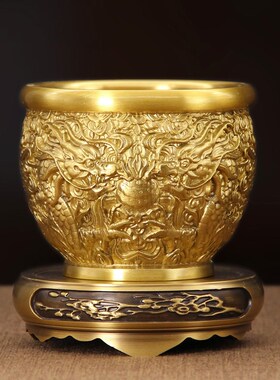 黄铜双龙戏珠缸摆件做旧仿古客厅办公室发财缸聚宝盆香香炉烟灰缸