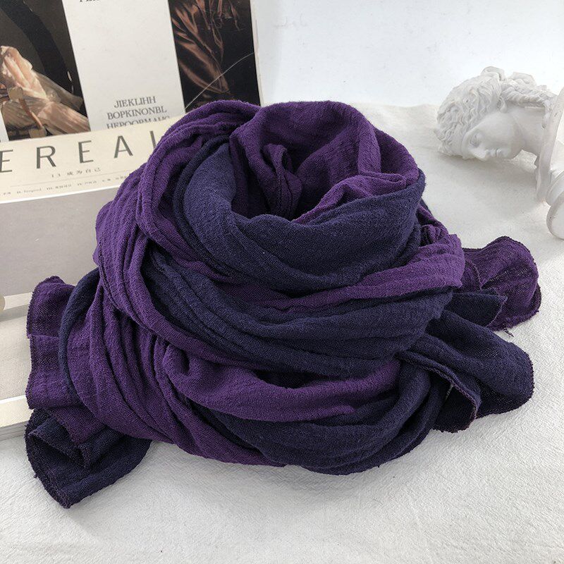 民族风复古文艺长款紫拼色纯棉围巾气质女春秋冬窄版护颈保暖围脖