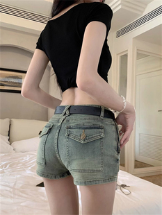 美式复古做旧直筒牛仔超短裤女装夏季辣妹低腰小个子热裤阔腿裤子