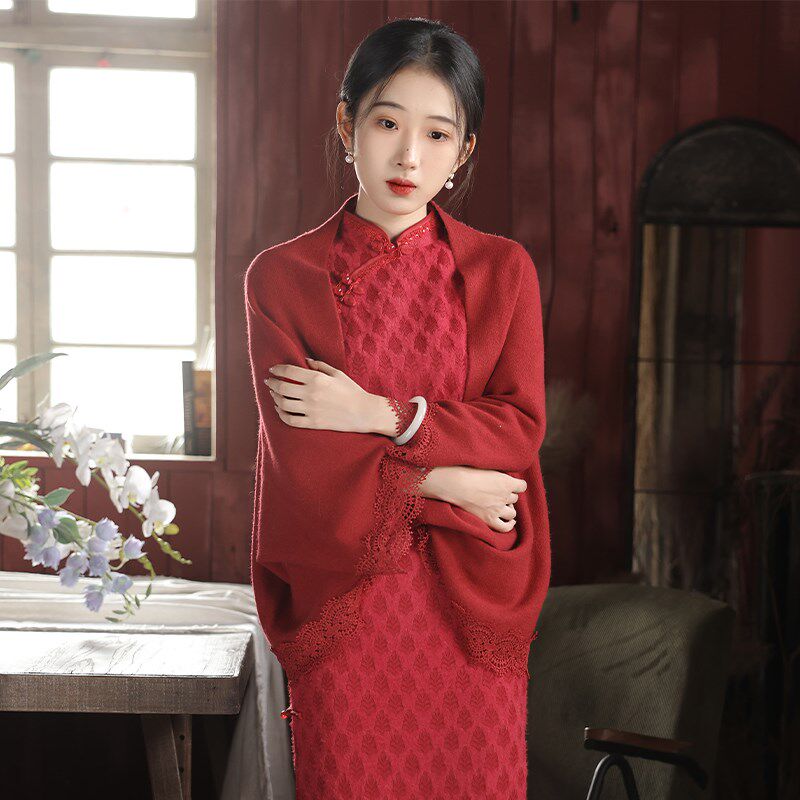 红色披肩妈妈旗袍外搭秋冬季婚礼斗篷新娘针织开衫敬酒服结婚披风