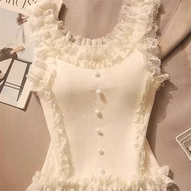 纯欲甜辣蕾丝花边吊带背心女夏辣妹修身显瘦针织打底短款无袖上衣