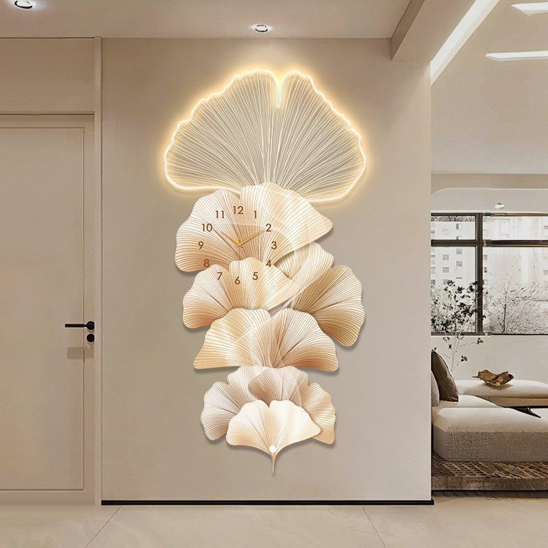 银杏叶玄关装饰画钟表挂钟现代轻奢客厅走廊过道创意时钟壁灯挂画,家居饰品,现代装饰画,淘宝优惠券,粉丝福利购,淘宝优惠卷