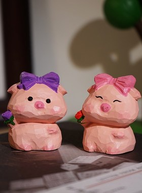 玫瑰小粉猪手工木雕小摆件可爱动物办公桌面装饰品创意情侣礼物