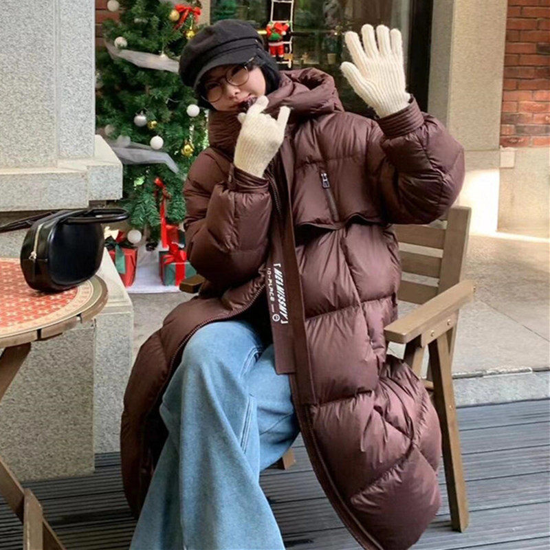 韩国时尚连帽字母飘带羽绒棉服女冬2024年新款长款过膝加厚面包服
