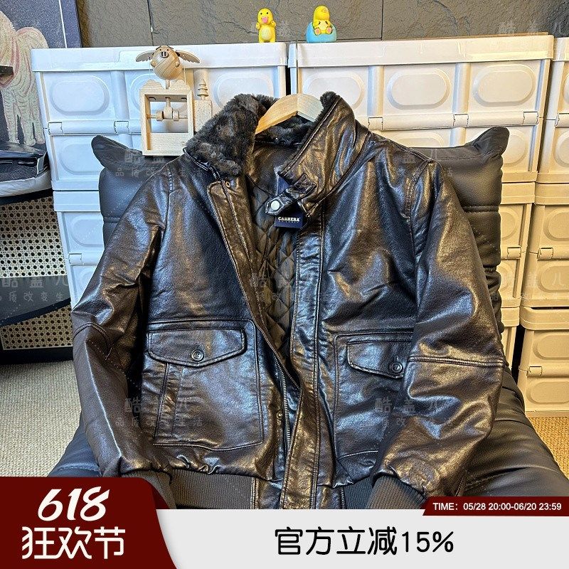 复古有型!高端PU皮水洗打蜡夹棉加厚男士立领机车皮夹克毛领皮衣