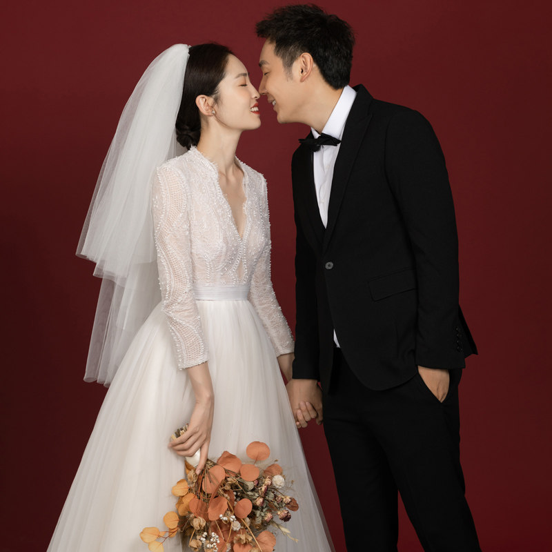 头纱新娘主婚纱短轻婚纱领证登记拍照道具结婚超仙森系头饰中长款