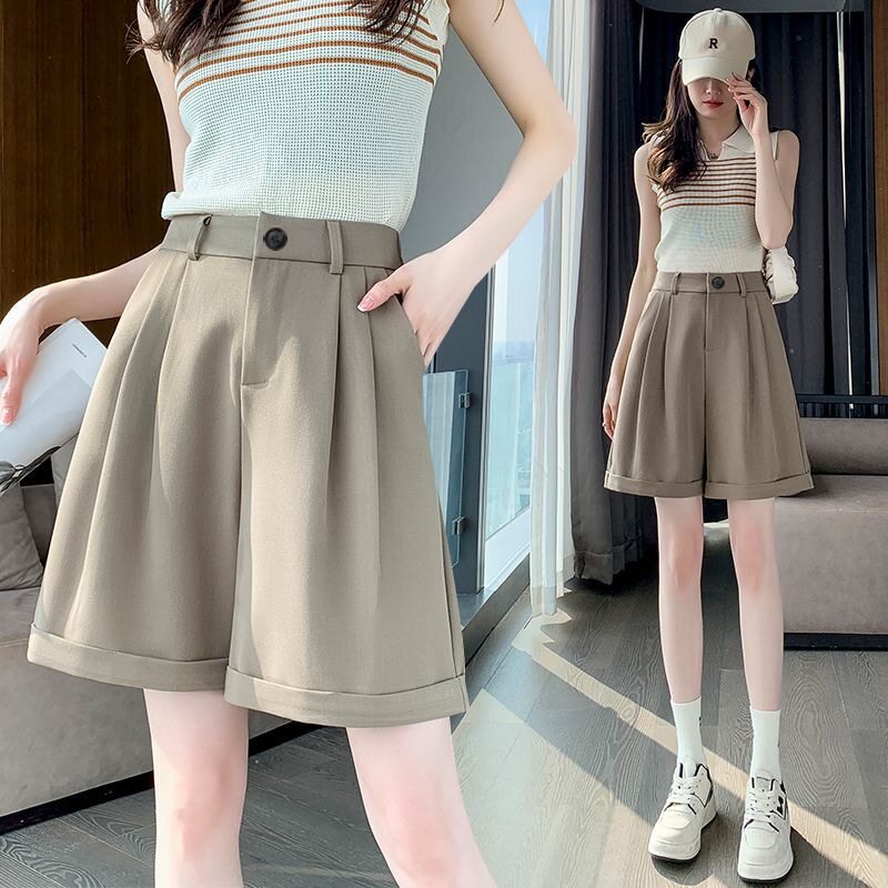 卡其色冰丝薄款西装短裤女夏季松紧高腰显瘦宽松阔腿休闲五分中裤