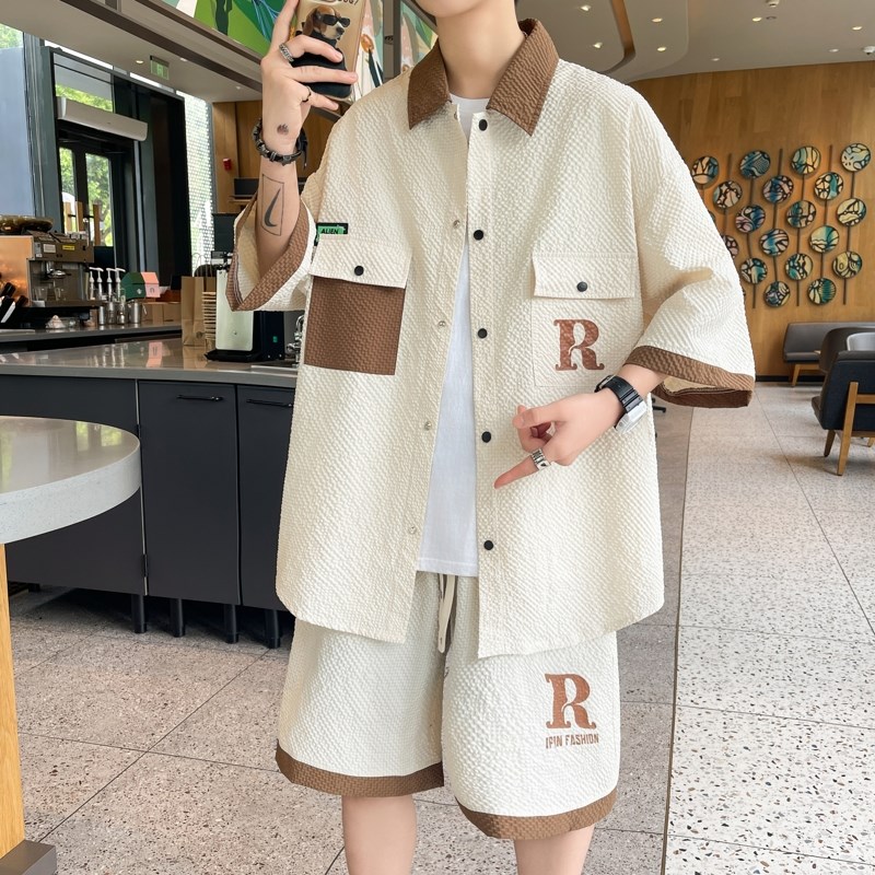 2025新款夏季衬衫运动套装男美式工装泡泡纱短袖短裤两件套青少年