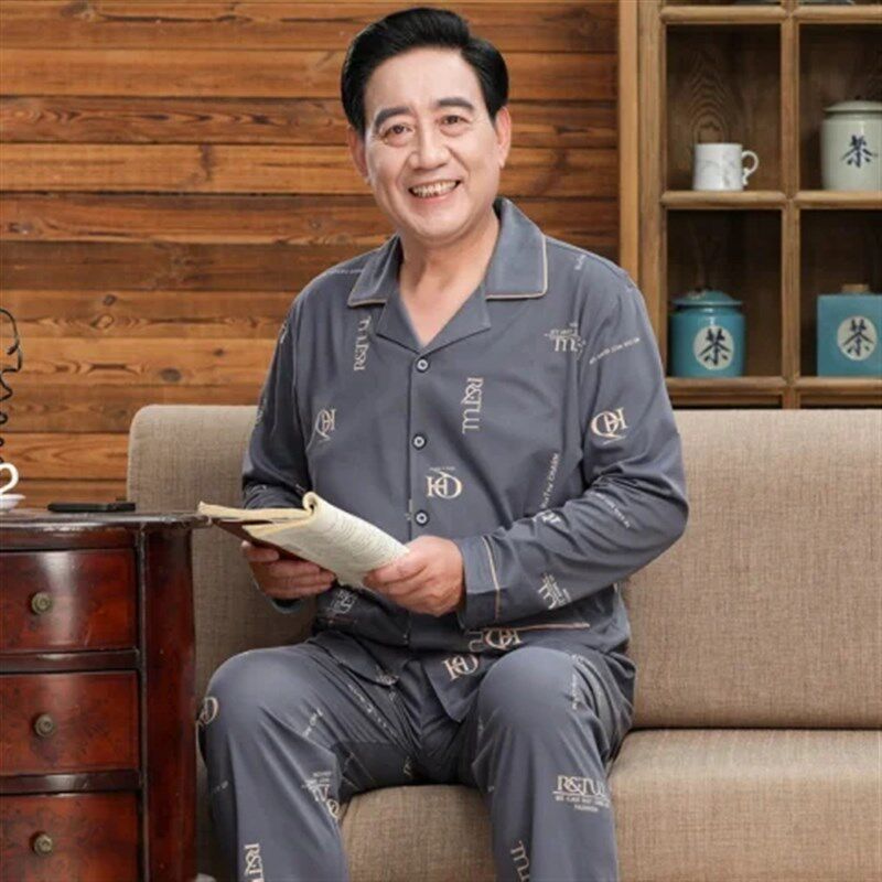 爷爷春季薄款睡衣男长袖长裤套装中老年居家衣服爸爸外穿夏衣夏裤