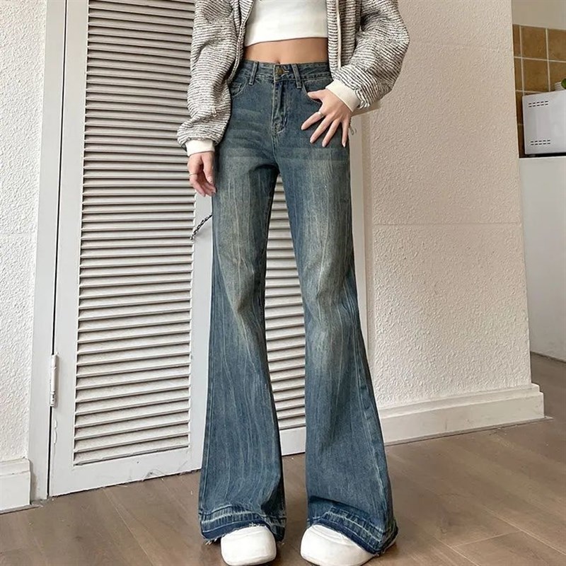 美式复古毛边微喇牛仔裤女秋冬2y024年新款高腰显瘦宽松拖地喇叭