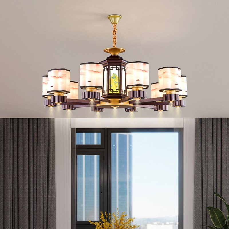 中式大餐桌吊灯22年新款客厅灯大气酒饭店包厢会所包间布艺吊灯