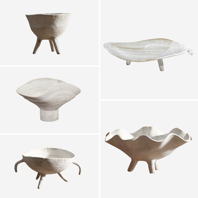 现代简约灰白手工陶瓷果盘托盘客厅茶几桌面装饰样板房间软装摆场