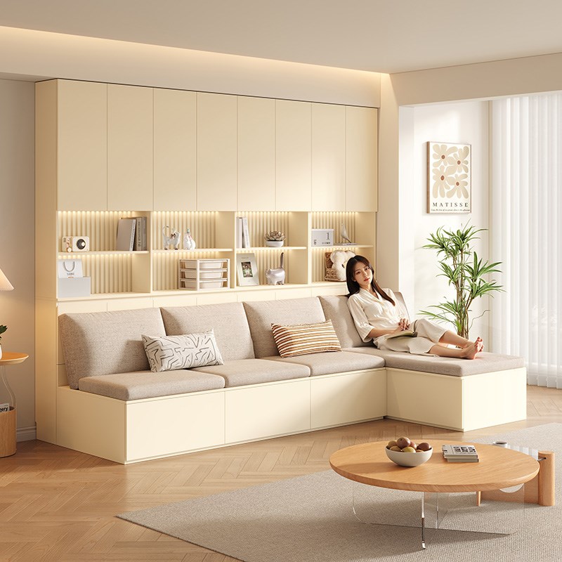 定制实木沙发书柜储物柜一体满墙到顶客厅橡木书橱带卡座靠墙