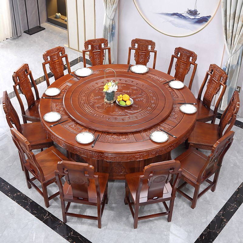 全实木15人大圆桌酒店电动大圆桌18人中式仿古雕花饭桌玻璃