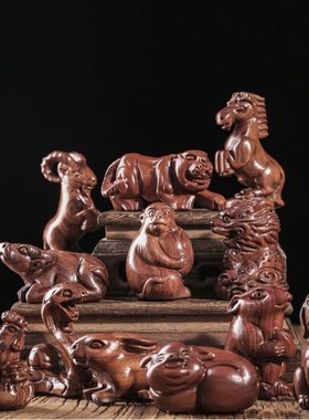 花梨木十二生肖摆件精致木质三合生肖家居客厅桌面装饰品开月送礼