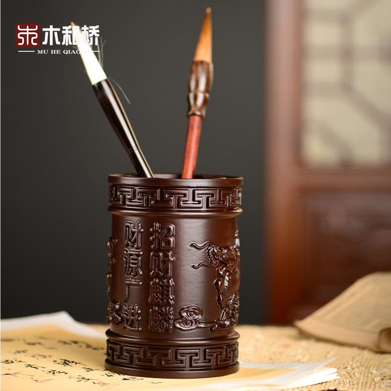 黑檀木雕麒麟笔筒工艺品办公室书桌家居客厅木质笔筒送礼