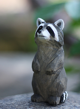 鹿妖商店 小浣熊 纯手工木雕 实木动物木雕 家居饰品创意