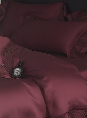 高端婚庆80S兰精天丝结婚四件套裸睡床上用品大红色镂空蕾丝被套