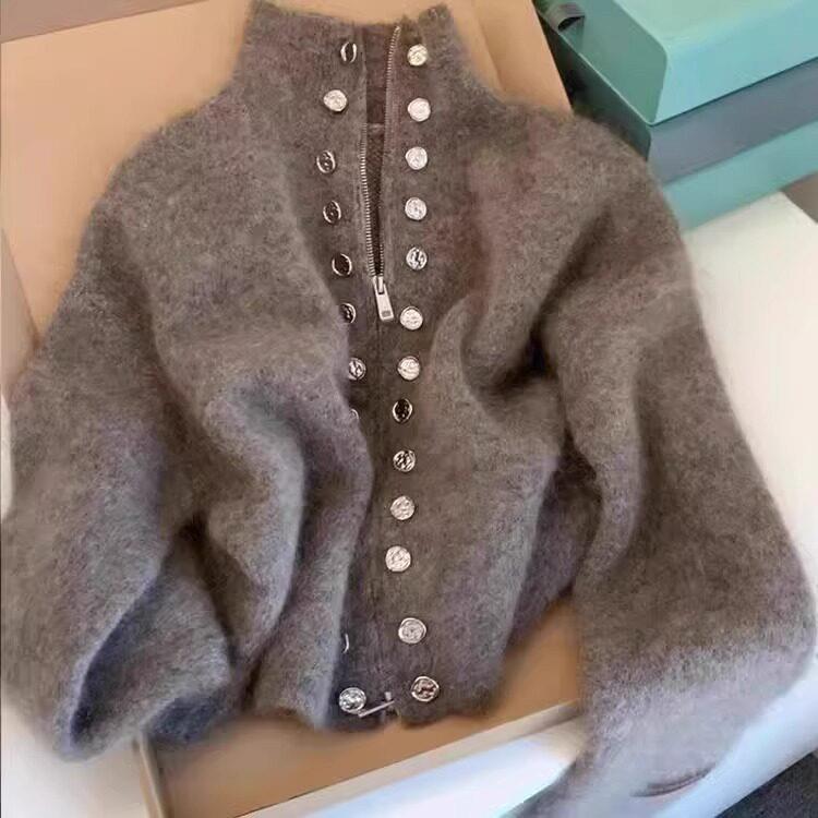 灰色重工双排扣立领毛衣外套女秋冬加厚感慵懒拉链针织衫上衣