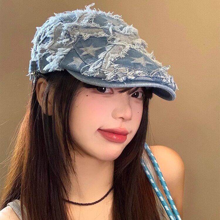 牛仔布星星前进帽复古贝雷帽女显脸小反戴帽子牛仔帽个性潮流春秋