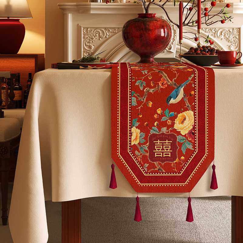 结婚桌旗红色喜字防水餐桌布麻感布艺电视机五斗柜盖布八角茶几布