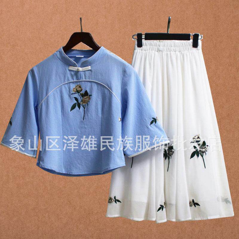 汉服民国风女装 新款棉麻绣花民国风汉服改良民族风文艺复古服装
