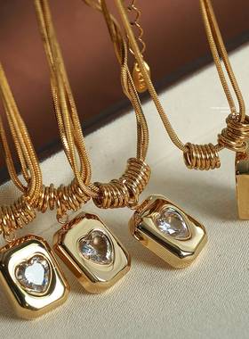 欧美跨境复古几何桃心爱心吊坠锁骨链高级双层蛇骨链钛钢项链项饰