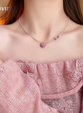 网红甜美粉色爱心水晶项链时尚少女心锁骨链轻奢百搭高级感项饰女