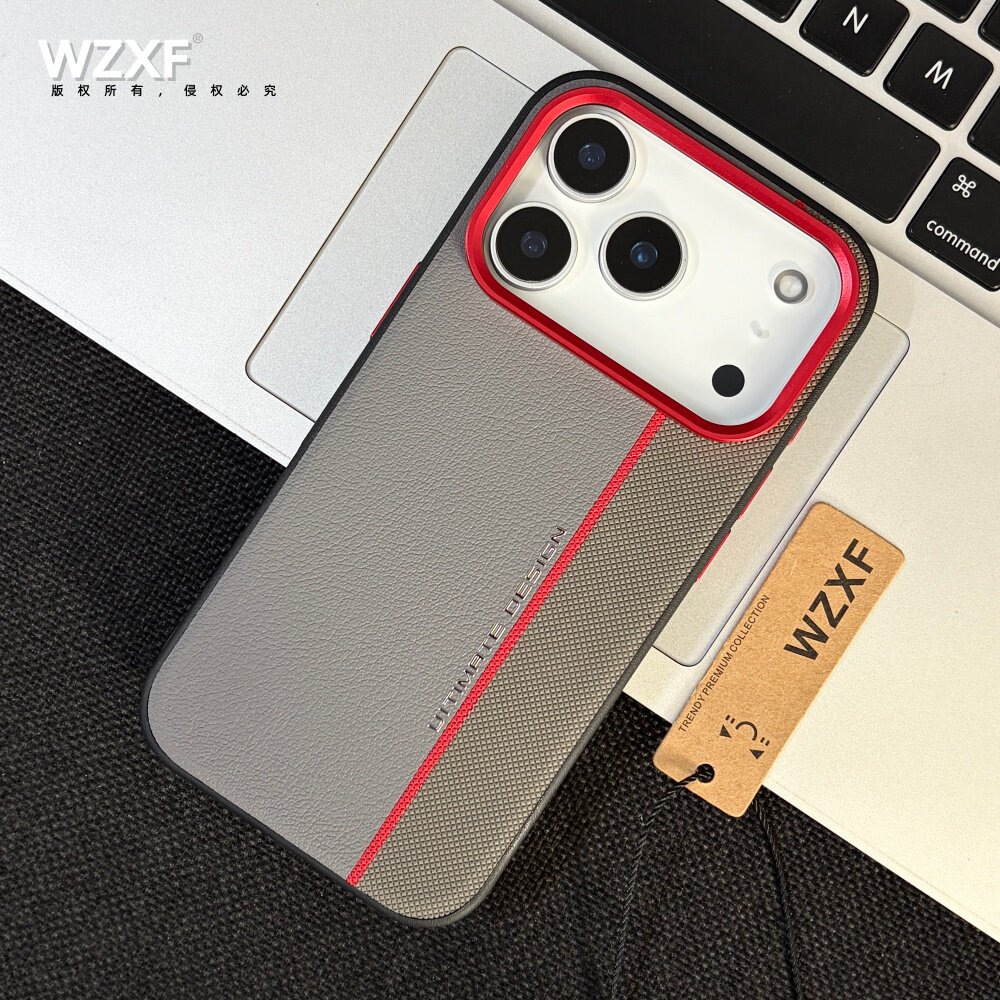 红色金属镜头框素皮钻石纹拼接手机壳灰色适用苹果iPhone18ProMax/17pro/16por/15pm新款防摔皮纹大孔商务男