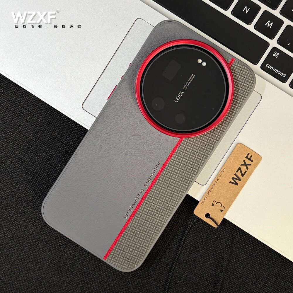 wzxf[红色金属镜头框]素皮钻石纹拼接手机壳灰色适用小米17ultra/15U/14U/13U新款防摔皮纹por大孔商务女男款