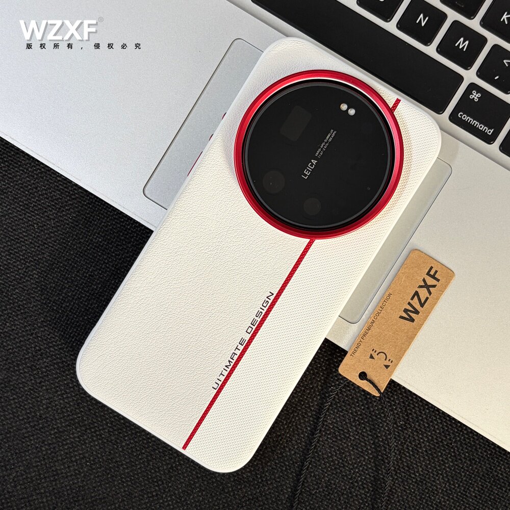 wzxf[红色金属镜头框]素皮钻石纹拼接手机壳白色适用小米17ultra/15U/14U/13U新款防摔皮纹por大孔商务女男款